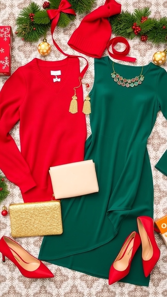 A collection of red and green Christmas outfits with festive accessories on a decorated background.